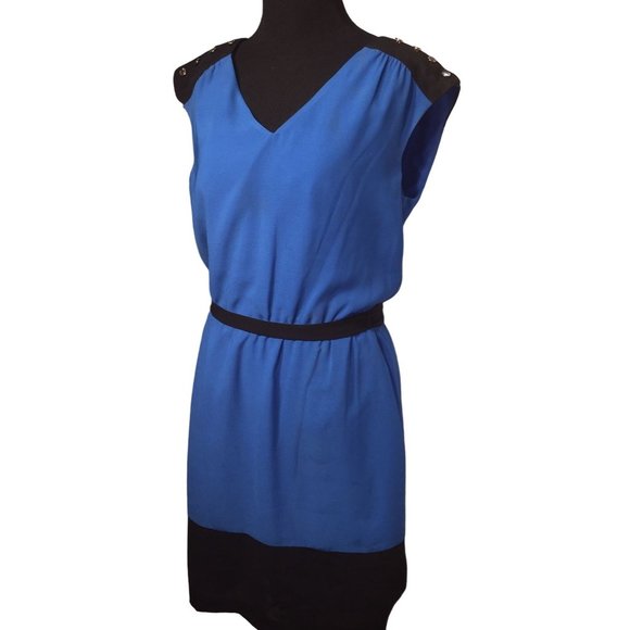 Vintage GUESS Dress - Blue with Black Shoulders, Belt and Block at bottom Size 8 - Picture 1 of 11